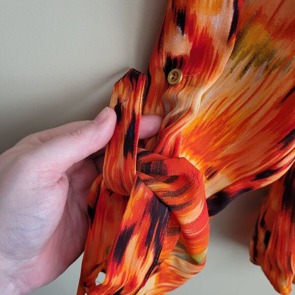 Zac & Rachel Womens Blouse Size XL Orange Abstract Roll Tab Sleeve Office Career - Picture 5 of 11
